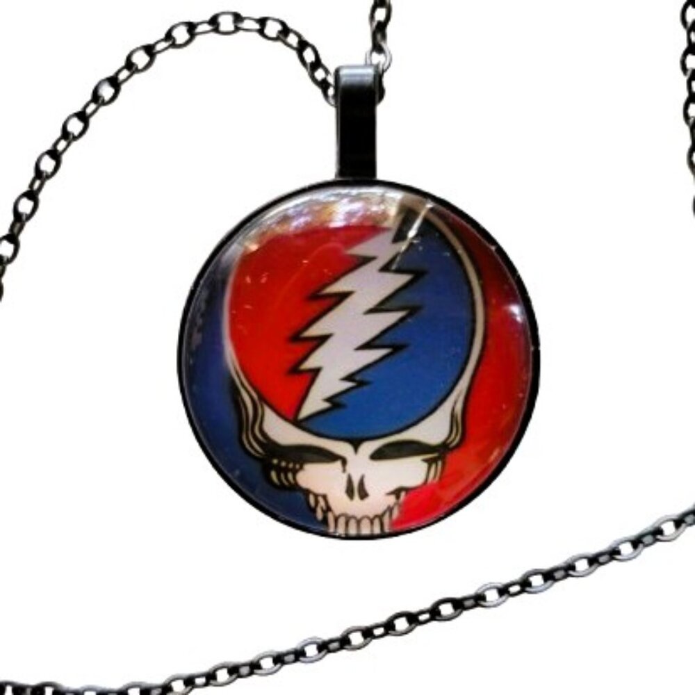 Grateful Dead Steal Your Face Glass Cabochon Necklace Black Charm & Chain New